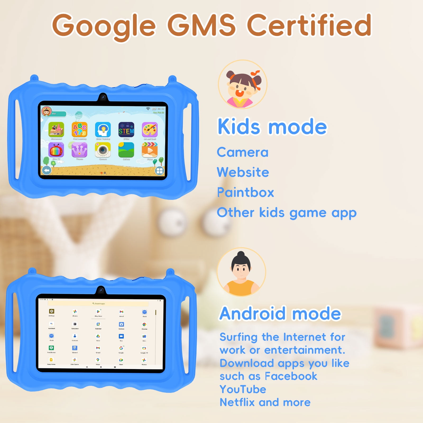 Kids Tablet, 7 inch Android 11 Tablet for Kids, 6(2+4) GB RAM 32GB ROM, Toddler Tablet with Bluetooth, GPS,WiFi,Parental Control, Dual Camera,Shockproof Case,Kids App Pre-Installed