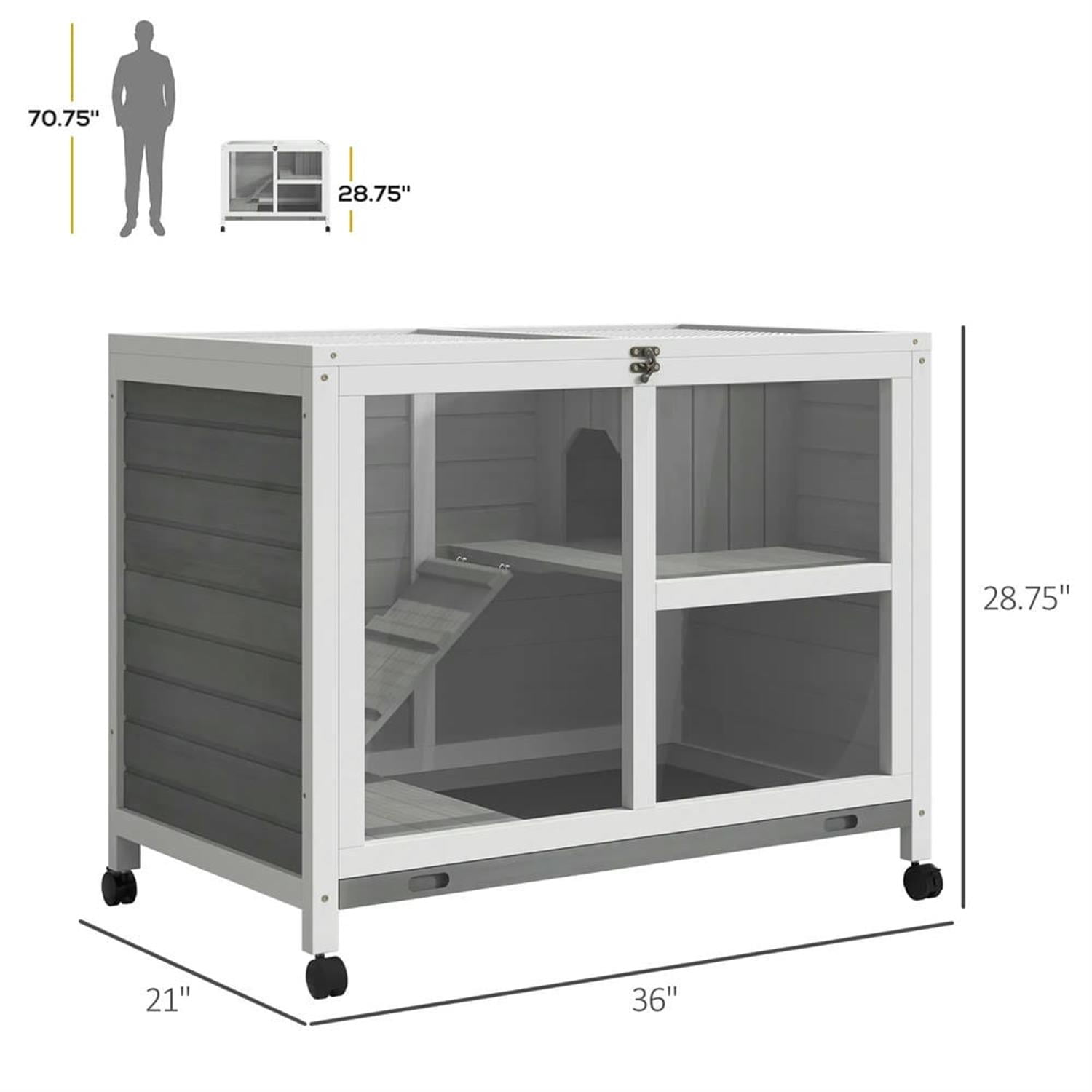 Kadyn 36" Indoor Wooden Rabbit Hutch with Openable Roof, Removable Tray and Wheels, Outdoor Bunny Cage for Bunnies, Guinea Pigs, Gray