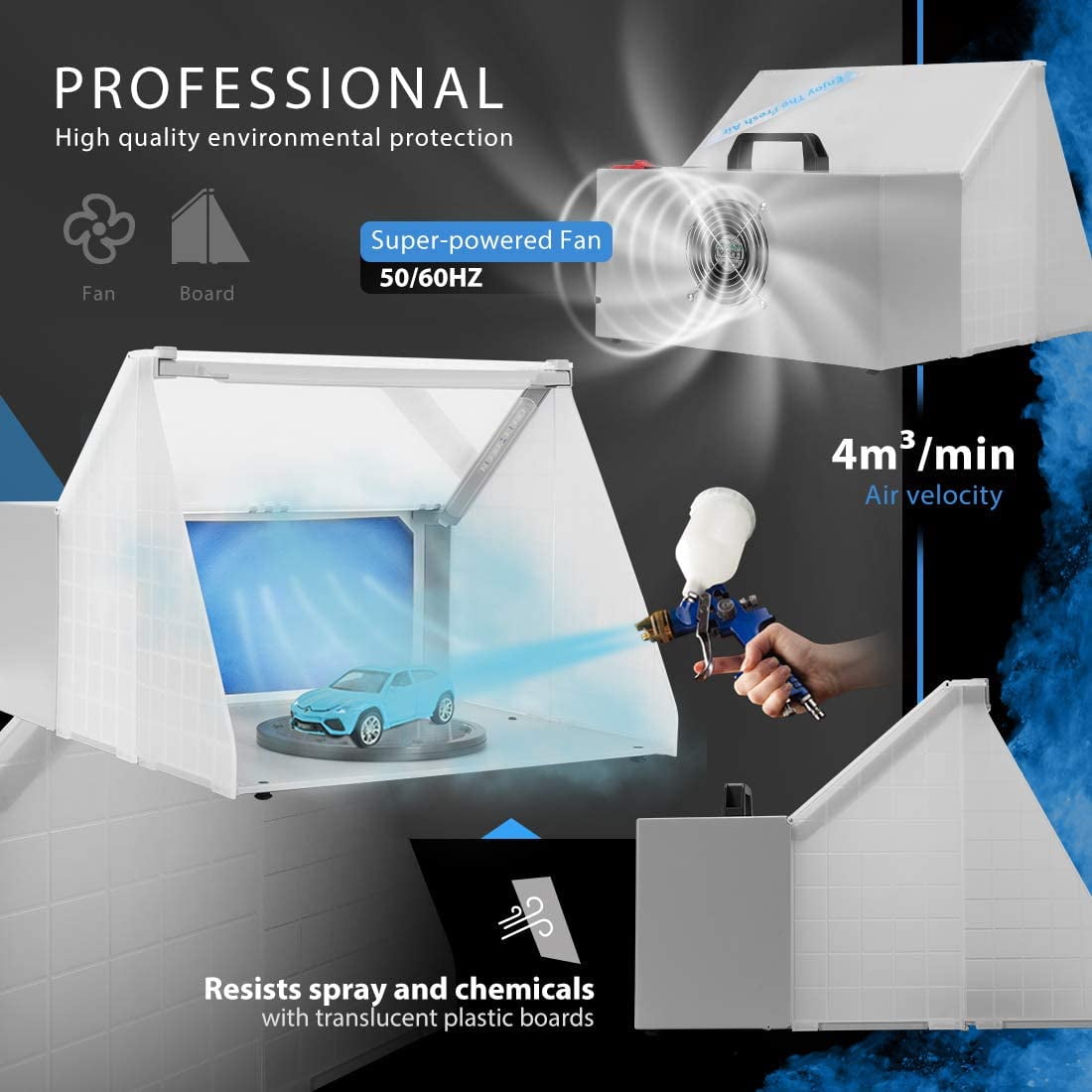 SPECSTAR Portable Airbrush Paint Spray Booth Kit with 3 LED Lights Turn Table and Filter Hose for Model Cake Craft Nail Toy Part