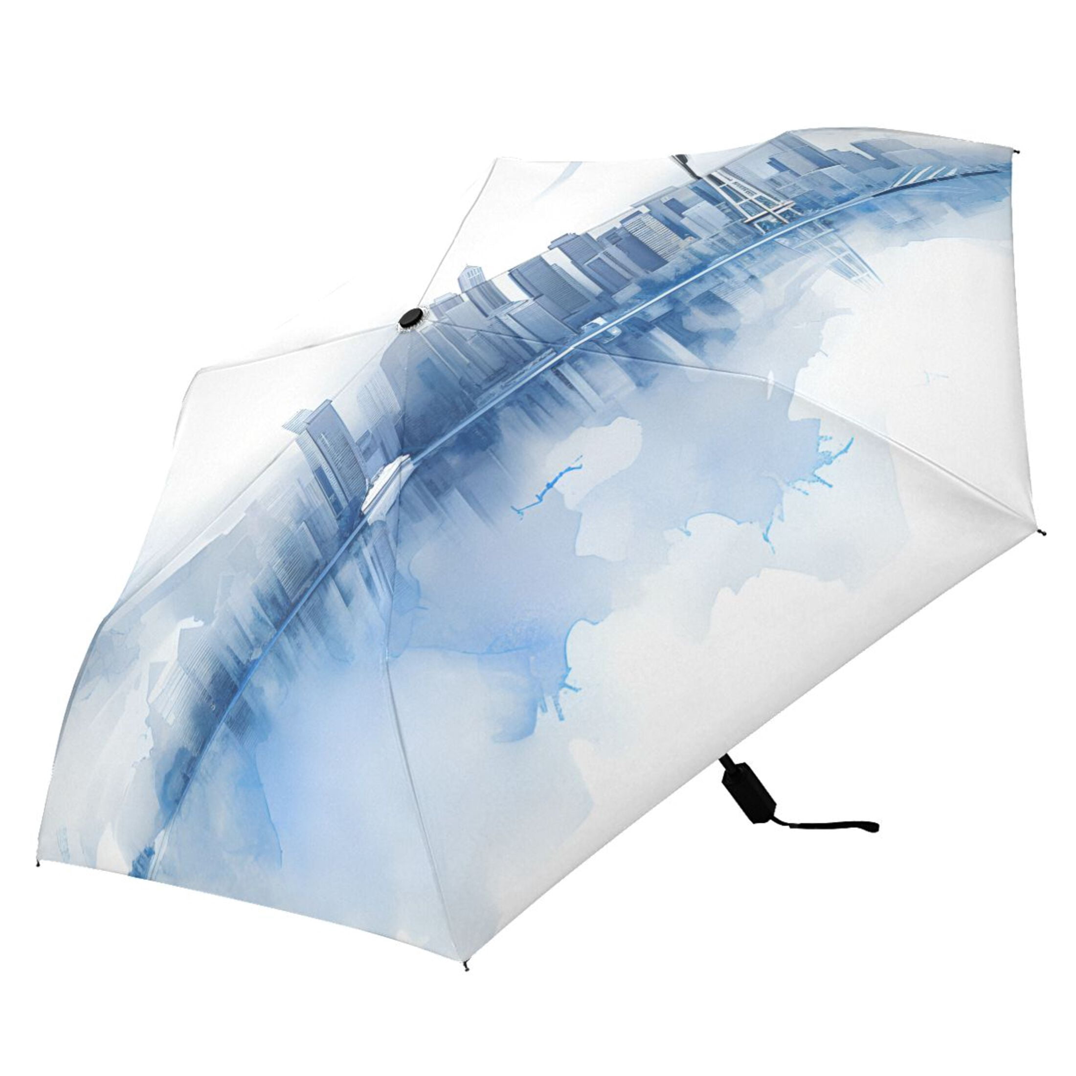 Watercolor Seattle Skyline Compact Sun Umbrella Windproof Travel Umbrellas for Rain Strong Portable UV Protection