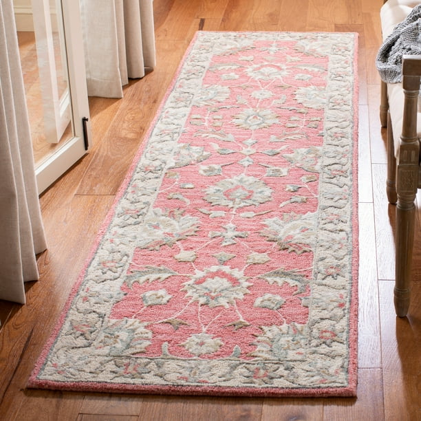 SAFAVIEH Glamour Pierce Floral Bordered Wool Runner Rug, Pink/Beige, 2'3" x 8'