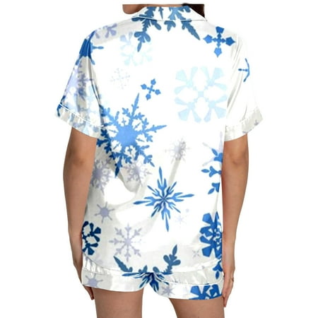JIANJIA Womens Pajama Sets Christmas Snowman Print Silk Satin Lapel Short Sleeve Tops With Shorts Sleepwear Daily-Wear