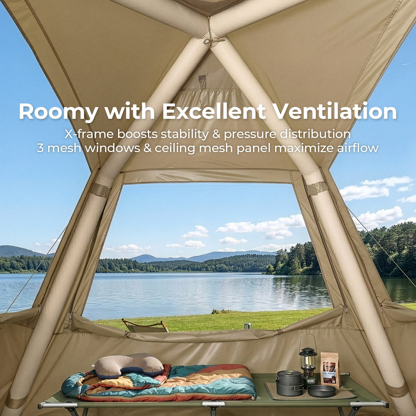 UBesGoo 2-4 People Inflatable Tent with Hand Pump for Camping, Easy Setup Air Glamping Tents with Extra Canopy, Camping Tent for Family, Khaki