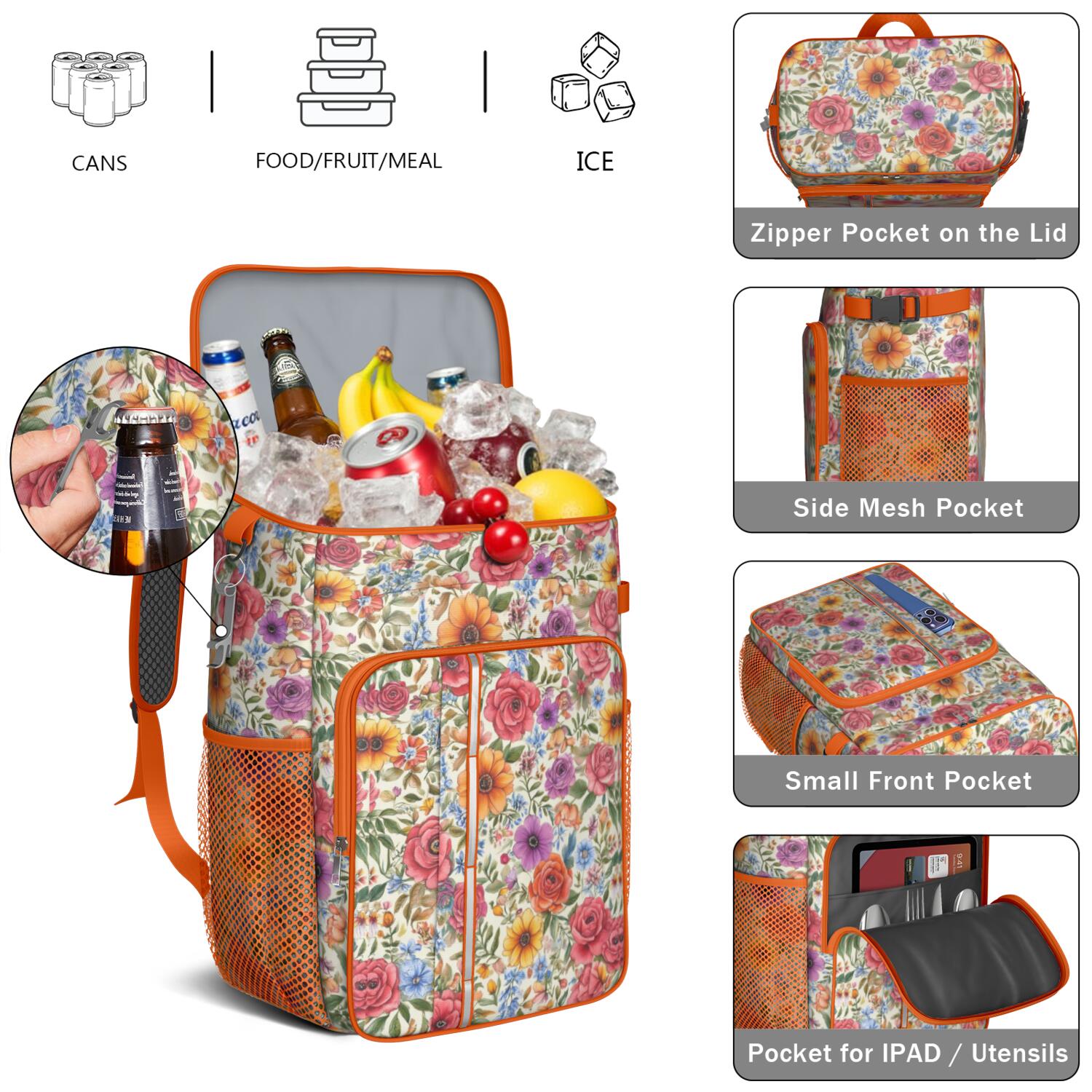 Travel Cooler Bag - Pioneer Flower Camping Beer Cooler Backpack with Bottle Opener- Waterproof Insulated Picnic Backpacks - Cooler Bag for Beach