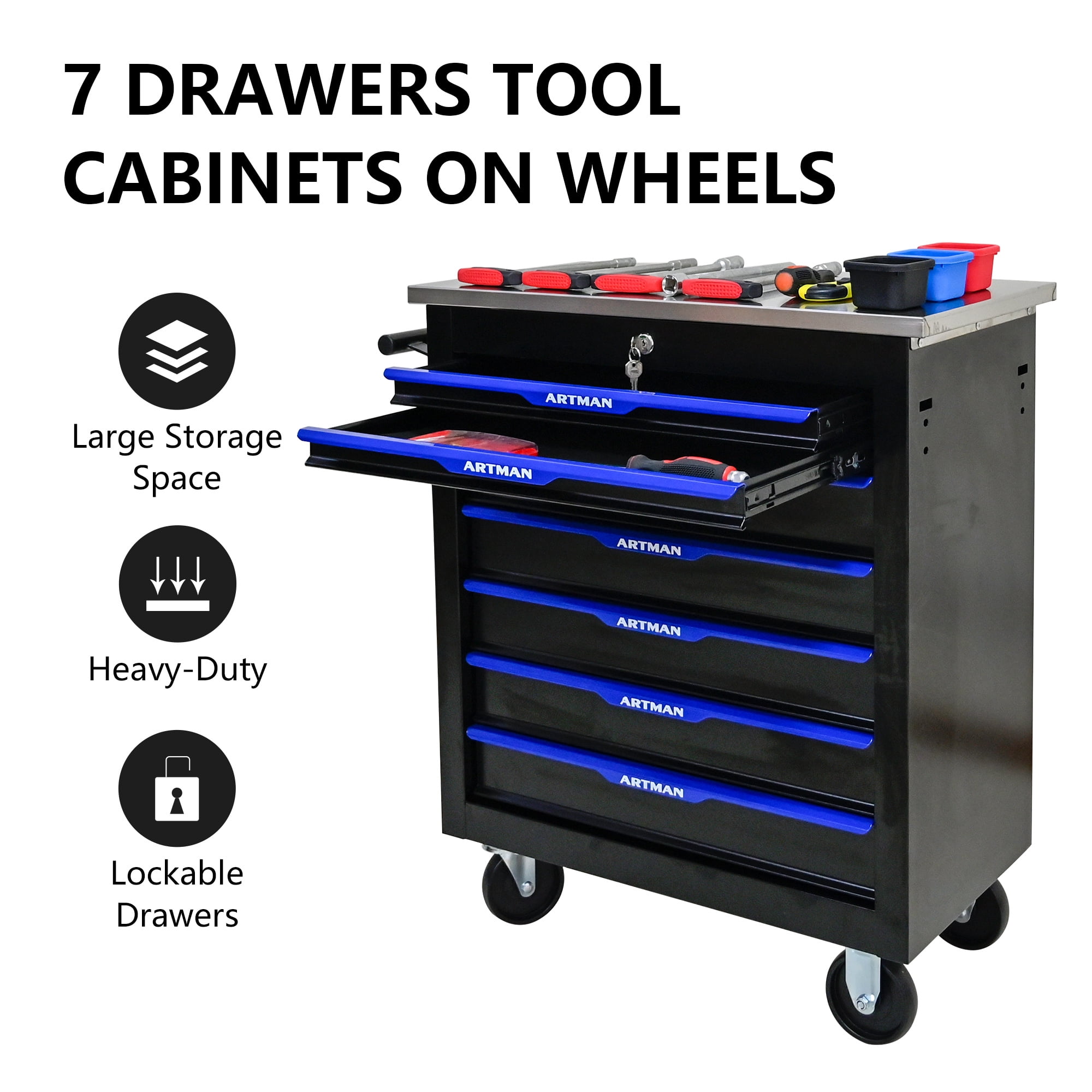 Aukfa Composable 25.9 in Tool Chest with 7 Drawers&7 Plastic Storage Box for Workshop Garage, Black