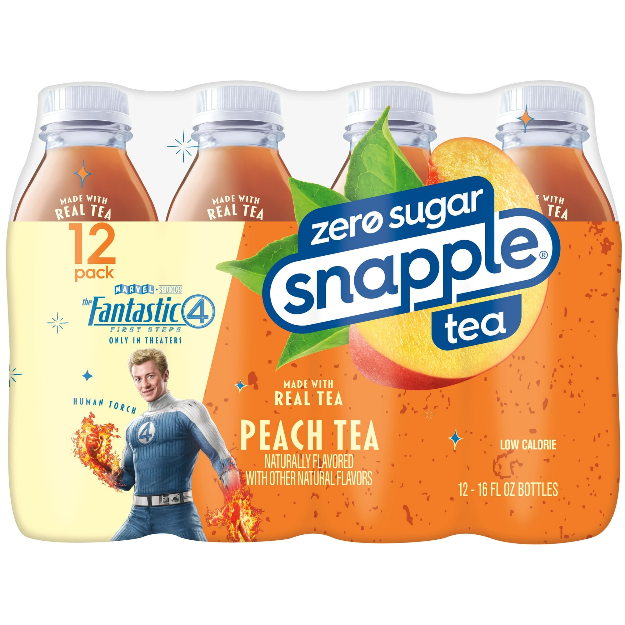Snapple Zero Sugar Peach Tea, 16 fl oz recycled plastic bottle, 12
