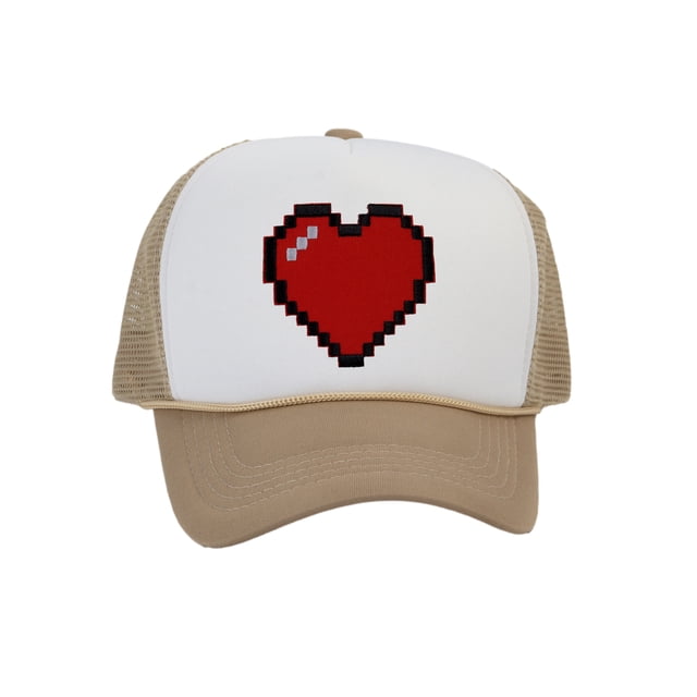 Men's 80's Retro Large 8 Bit Pixelated Heart Gamer Trucker Hat, White/Beige