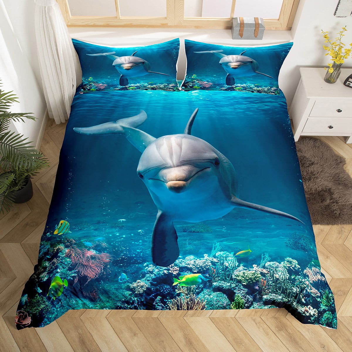 Dolphin Bedding Set Kids Duvet Cover Queen,Blue Ocean Comforter Cover ...