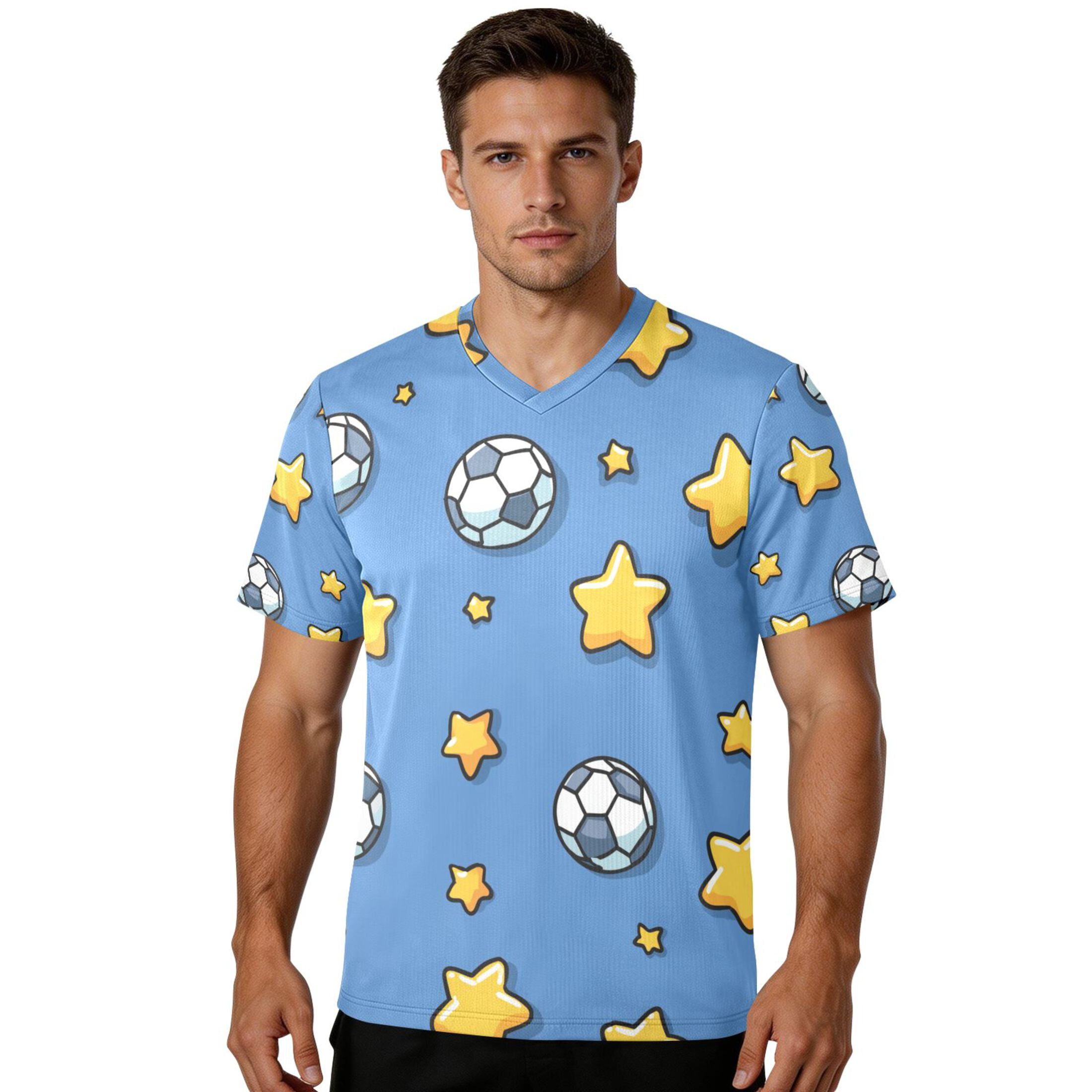 Footballs and Yellow Stars Cartoon Men's Sports Jerseys Athletic T-Shirt Football Referee Short Sleeves Shirt L