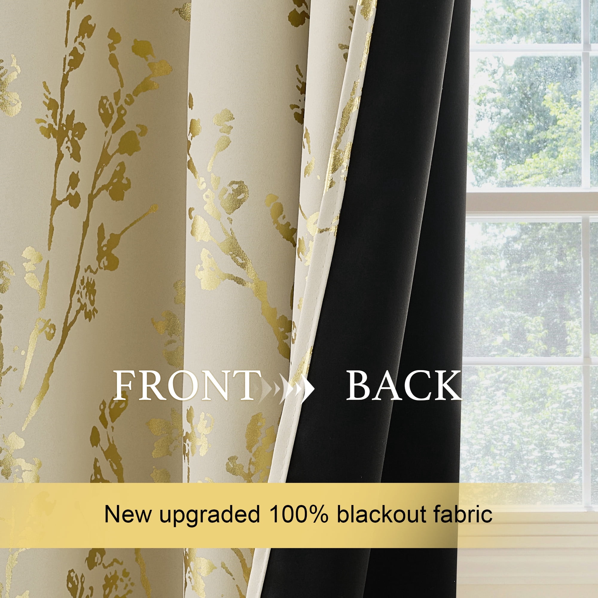 NICETOWN Full Room Darkening Curtains Thermal Insulated Curtains for Living Room Blackout Drapes with Gold Ivory Tree Branch Pattern for Bedroom, Grommet Top, 52W x 63L Inch, Set of 2, Beige