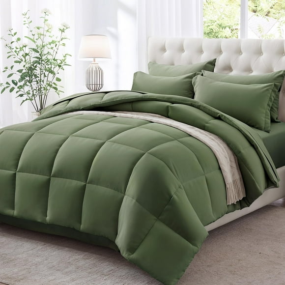 Juego de edredón Zzlpp Queen, color verde oliva, 7 piezas, cama en bolsa