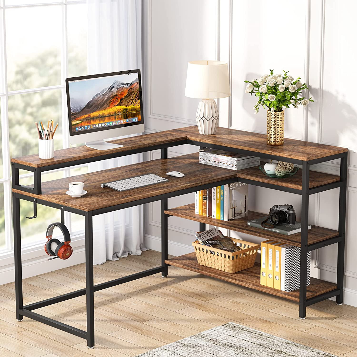Tribesigns Reversible L Shaped Computer Desk with Storage Shelf and ...