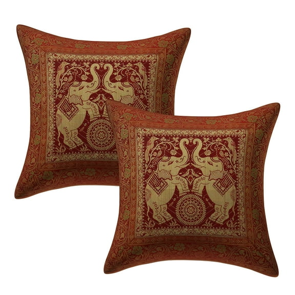 Stylo Culture Indian Chair Seat Throw Pillow Covers 16 x 16 Jacquard Maroon Square 40cm x 40cm Home Decor Brocade Elephant Zippered Cushion Covers | Set Of 2
