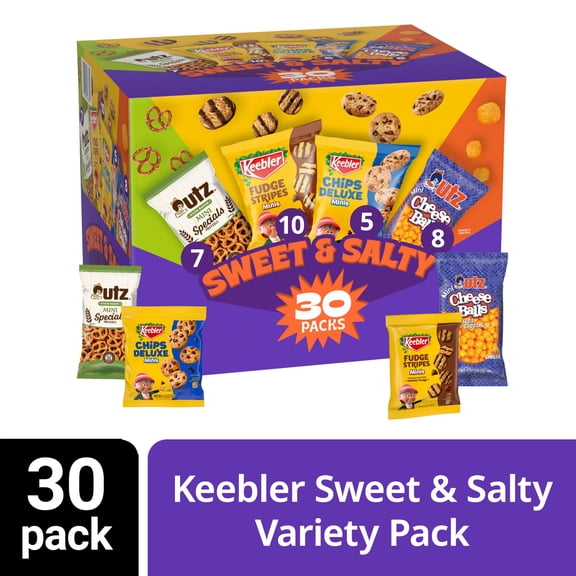 Keebler Sweet & Salty Variety Pack, 30-Count Box, Includes Keebler Chips Deluxe, Fudge Stripes, Utz Mini Pretzels and Cheese Balls, 31 oz
