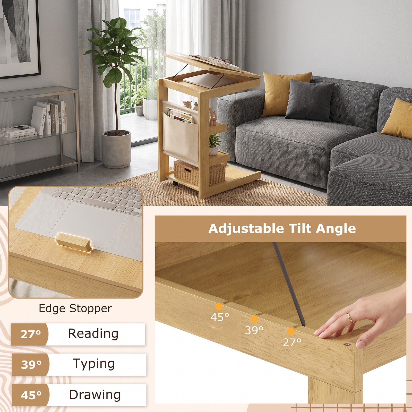 Furnibear C Shaped End Table with Wheels and Adjustable Tilt Desktop, Rolling Sofa Side Table with Hidden Storage and 3 Open Shelves for Couch Bedside Living, Natural