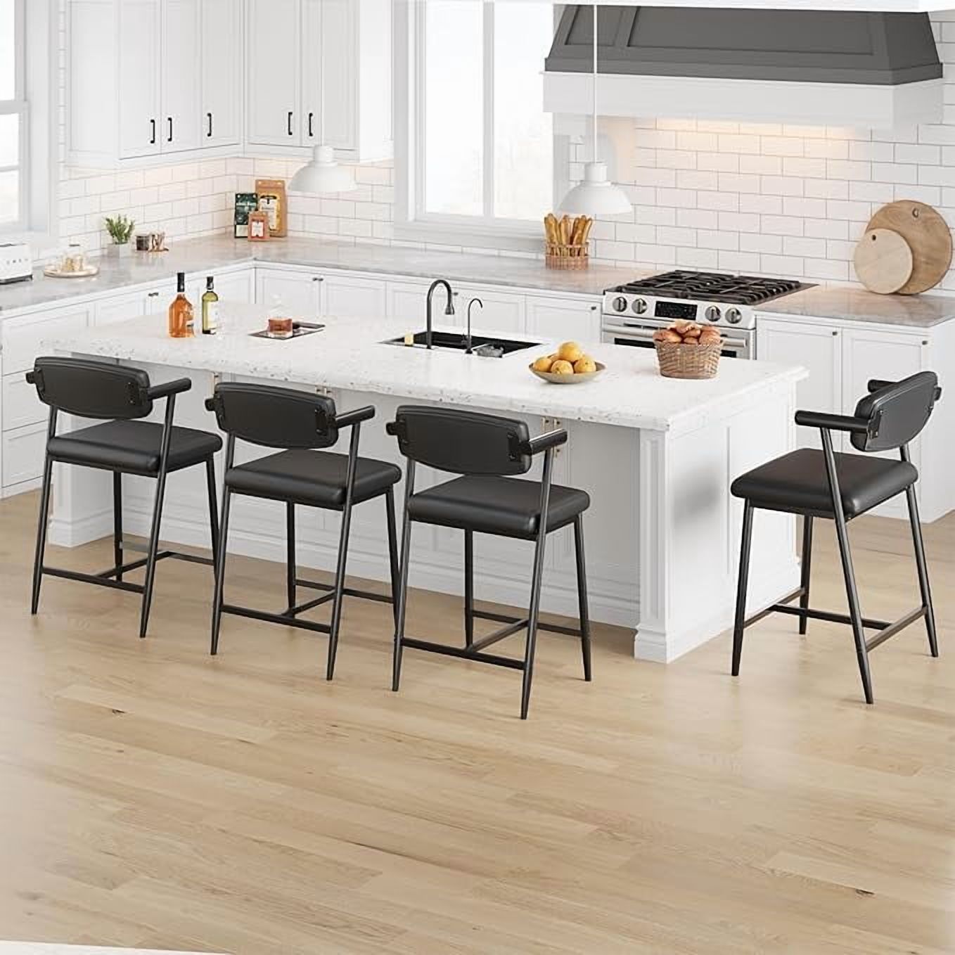 26'' Bar Stools Set of 4, Modern Counter Height Bar Stools with Arms & Backs, Kitchen Island Chairs, Leather Upholstered Barstools with Durable Rustic Black Metal Frame/Black Leather