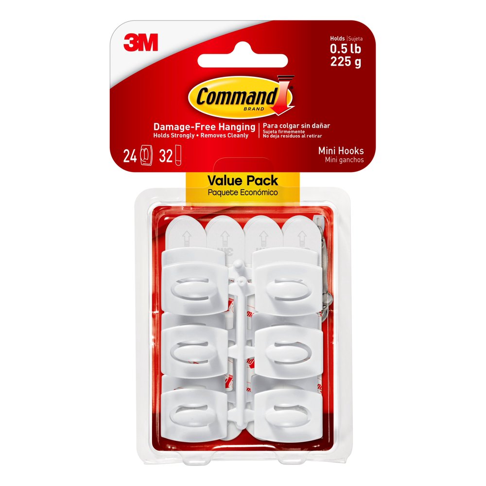 Command Mini Hooks Value Pack, White, 24 Hooks, 32 Strips/Pack