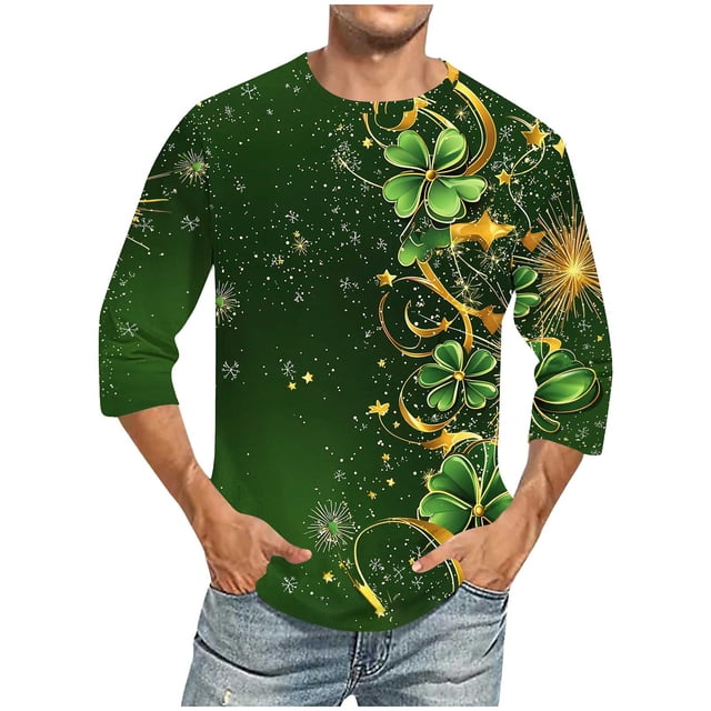 Camisetas de Navidad para Hombres Impresas Cuello Redondo 3/4 Manga Casual Blusa de Mezcla de Lino