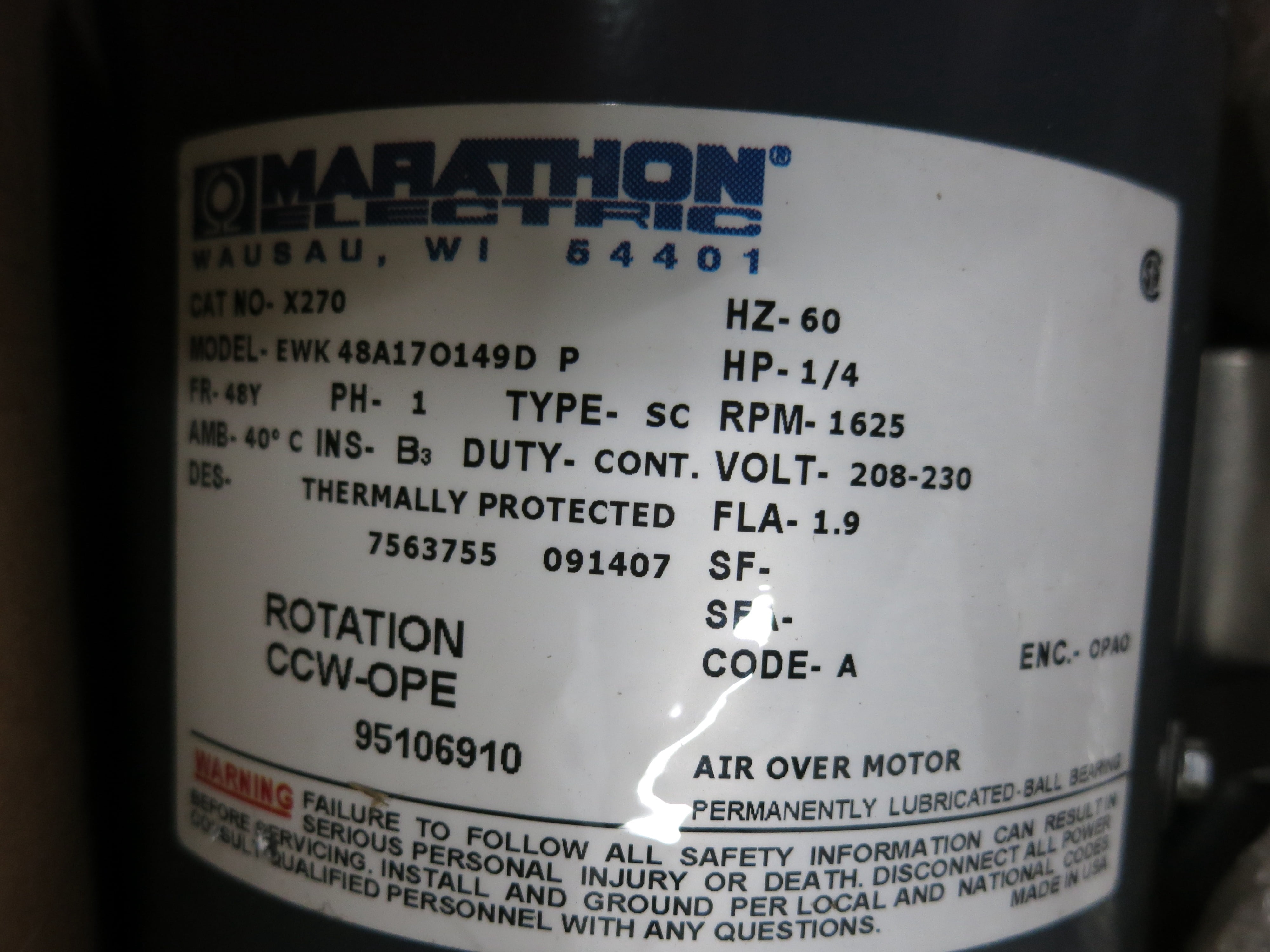 NEW Marathon X270 1/4 HP AC Motor 208-230V 1625 RPM 48Y EWK SC 48A170149 NIB