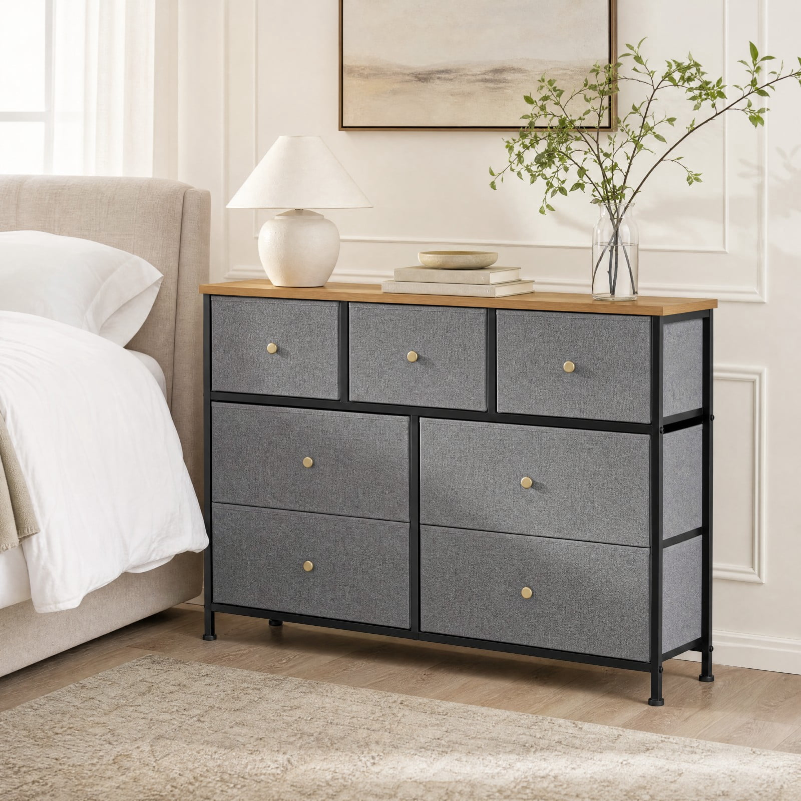 Telyra 7-Drawer Fabric Dresser TV Stand Organizer with Wood Top and Metal Frame Wide Storage Chest, Greyish Blue