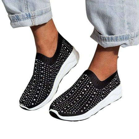 Oyedens Womens Slip on Walking Shoes Glitter Rhinestones Running Sneakers Memory Foam Non Slip Work Shoes