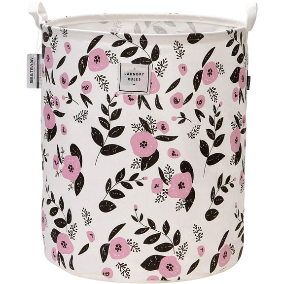 Sea Team 19.7 x 15.7 Inches Large Sized Folding Cylindric Canvas Fabric Laundry Hamper Storage Basket with Floral Pattern, Pink & Black