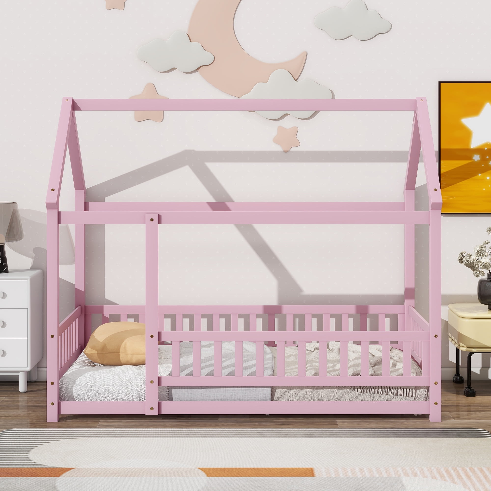 Miniyam Kids Twin Montessori House Floor Bed with Fence, Wood Roof Frame, Pink