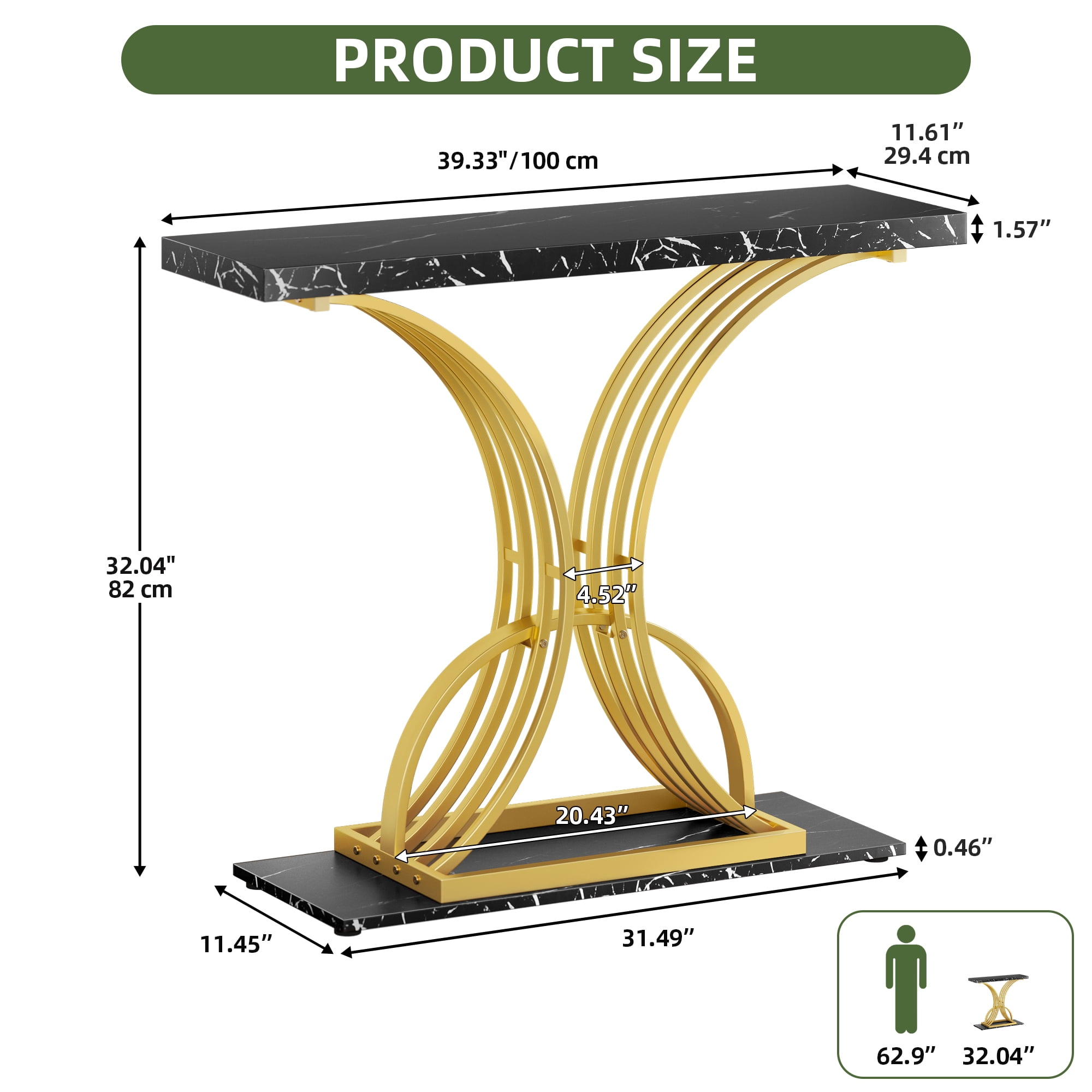 Uforic Luxury Console Entryway Table with Metal Base, Sofa Side Table, Black & Gold