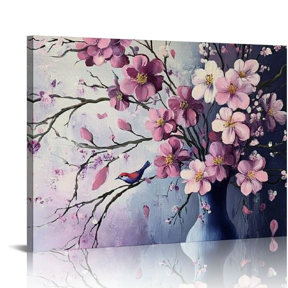 BCIIG Chinese Oil Painting Plum Blossom Wall Art Pink Flower Canvas Artwork for Living Room Bedroom Bathroom Office Wall Decor  20x16in