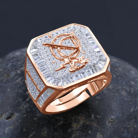 Mens 14K Rose Gold Finish Sagittarius Archer Zodiac Sign Astrology Horoscope Ring Baguette & Round Cut Simulated Diamond Band