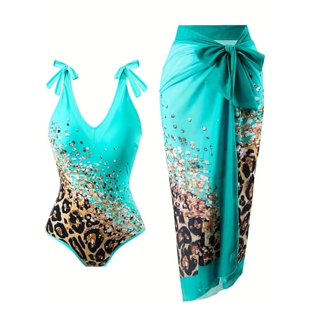 Turquoise Leopard Print One-Piece Swimsuit With Matching