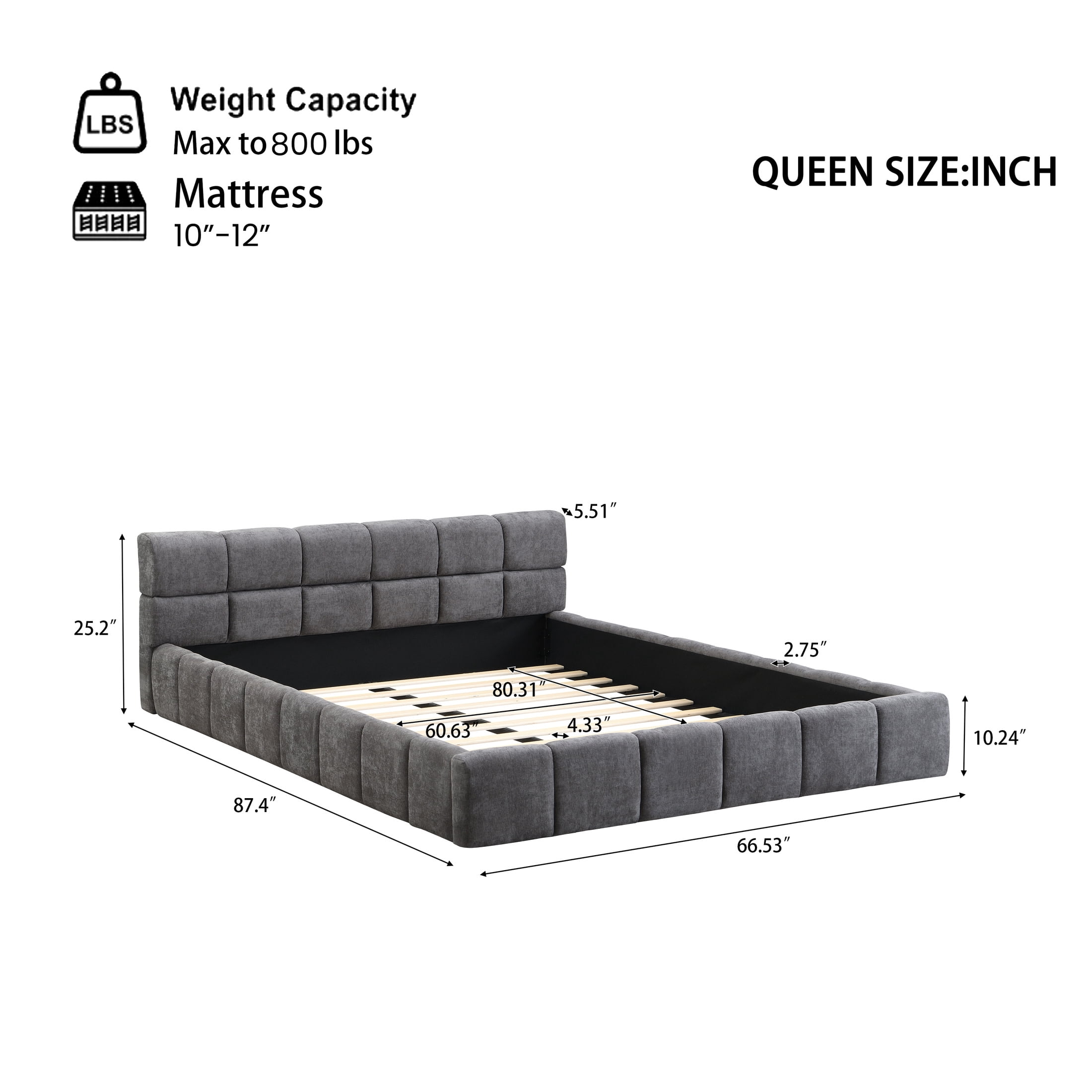 Christopher Knight Home 87.4" Elegant Chenille Upholstered Bed Frame, Checkerboard Design, Queen Size, Gray