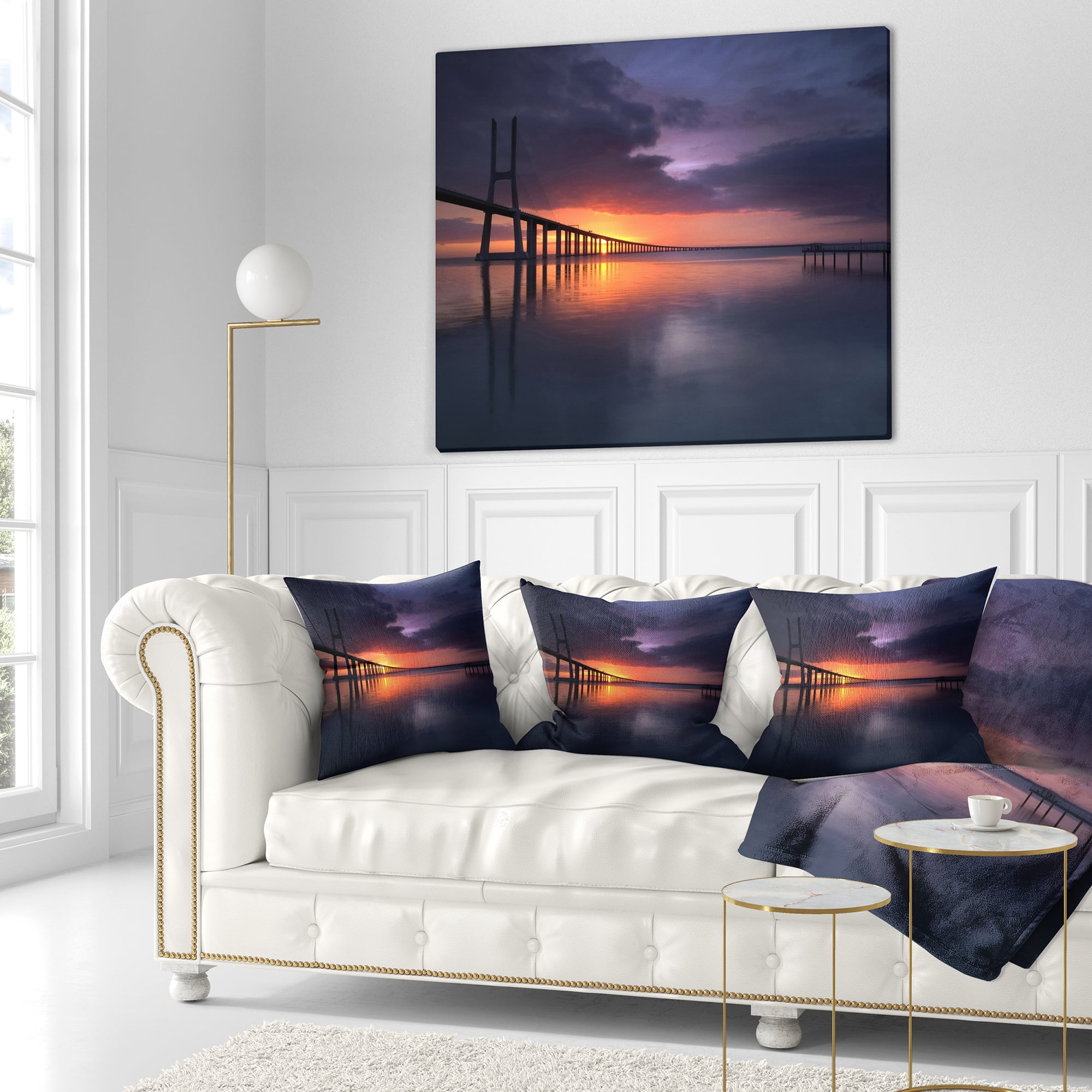 Designart Vasco Da Gama Bridge Portugal - Pier Seascape Throw Pillow - 18x18