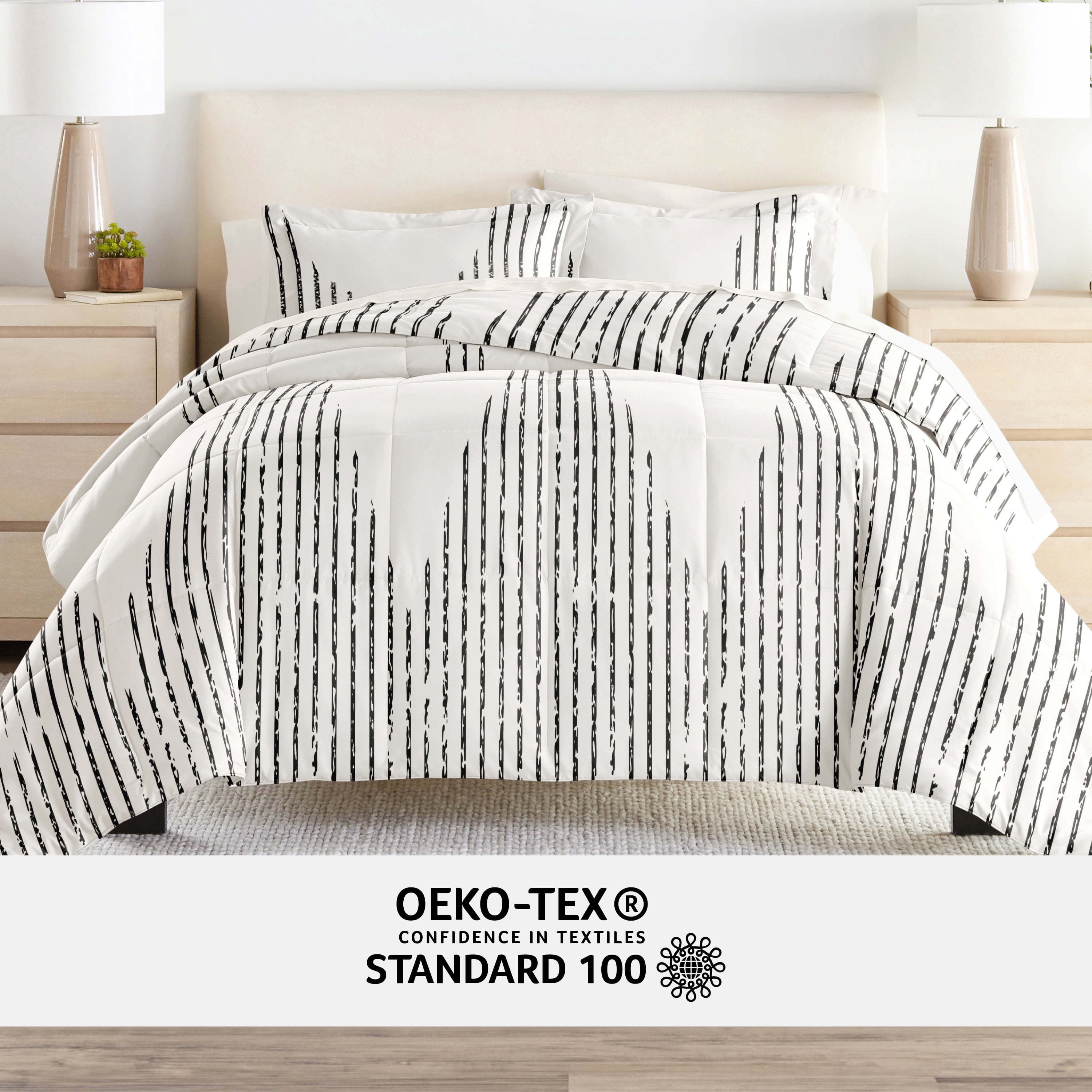 Comfort Canopy - King Bedding Bundle, Patterned Microfiber Comforter and Solid Sheet Set in Diamond Stripe Gray