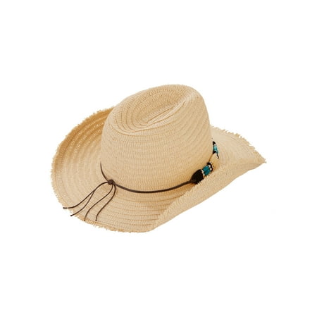 - Women's Double Bead Trim Cowboy Hat With Frayed Edge