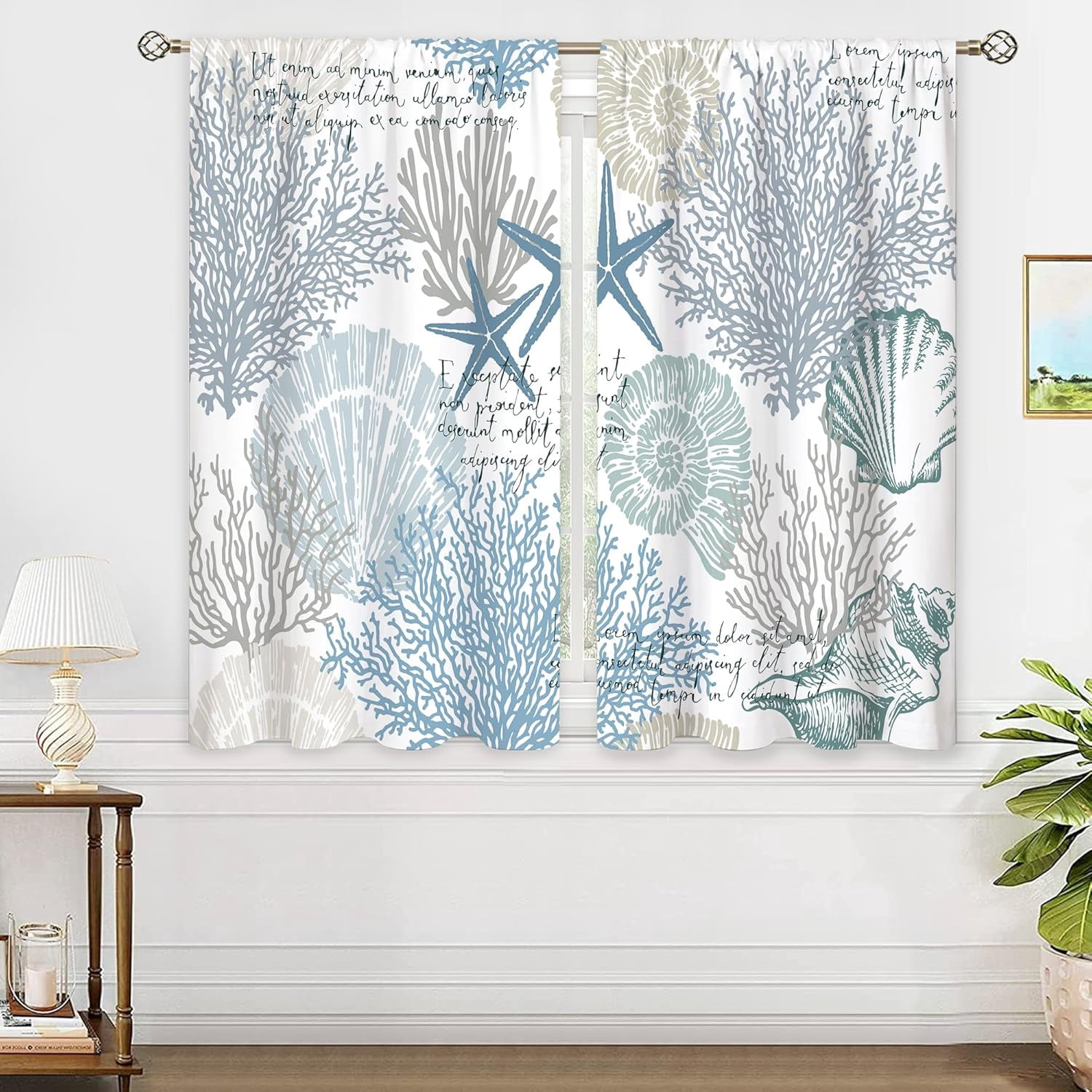 Ocean Beach Window Curtains Nautical Coastal Starfish Seashell Rod Pocket Underwater Curtain Drapes Blue Sea Curtains for Bedroom Living Room Treatment 2 Panels 42Wx63H Inch
