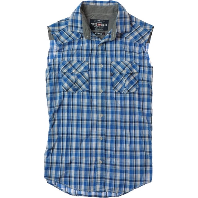 Ecko Unltd. Camisa a cuadros sin mangas tejida con 3 botones para hombre, azul, grande