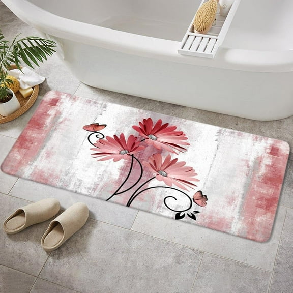 Rustic Farmhouse Bath Mat, Farm Red Daisy Floral Flowers Butterfly Country Wooden Bath Rug for Bathroom, Grey White Bath Mat Soft Non Slip Bath Rugs, 16X48IN