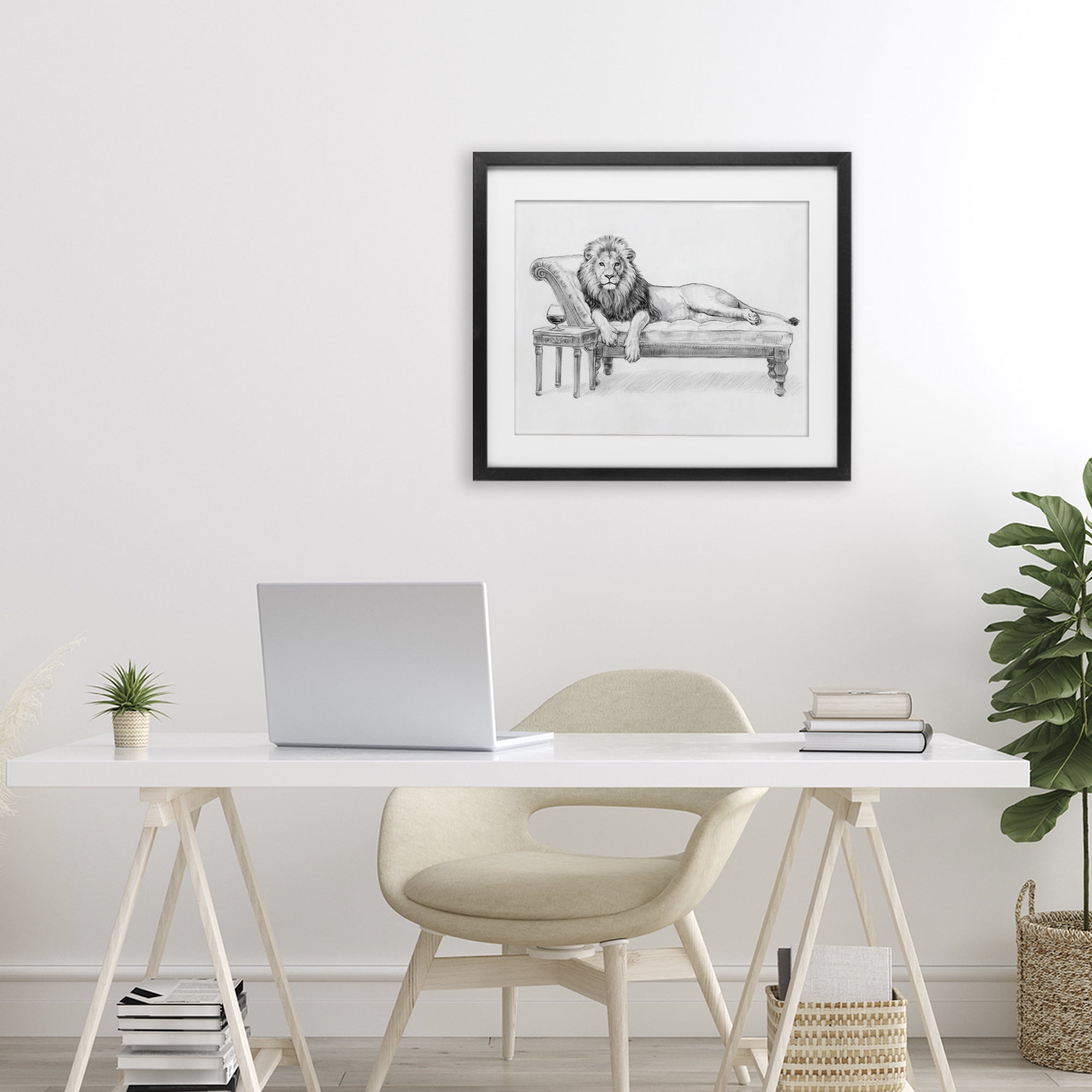 Stupell Industries Lounging Beast Lion Black Framed Print Under Glass, design by Victoria Barnes