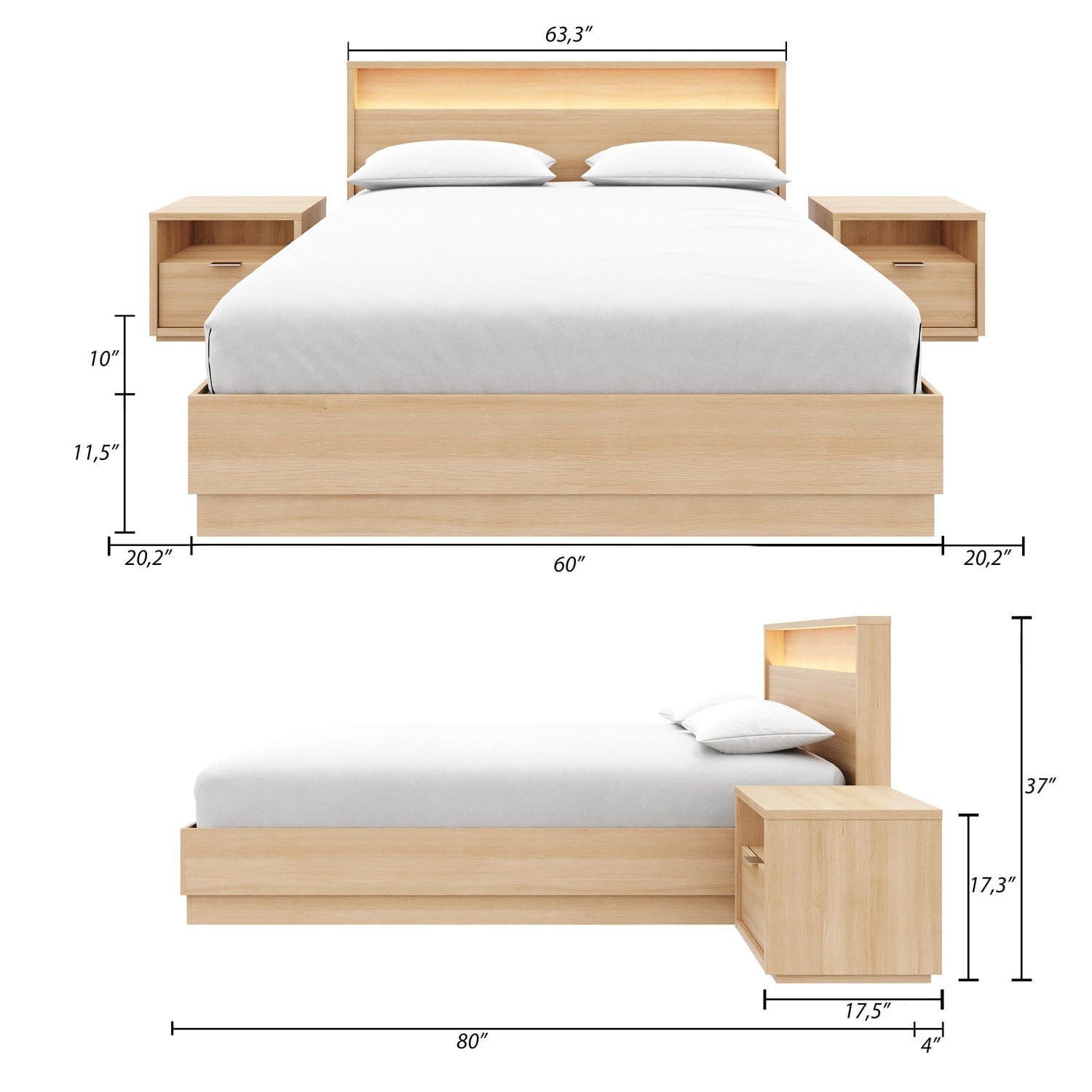 Ensemble de chambre à coucher Harlow 4 pièces avec lit queen size, sommier à lattes, tête de lit avec éclairage intégré et 2 tables de chevet.