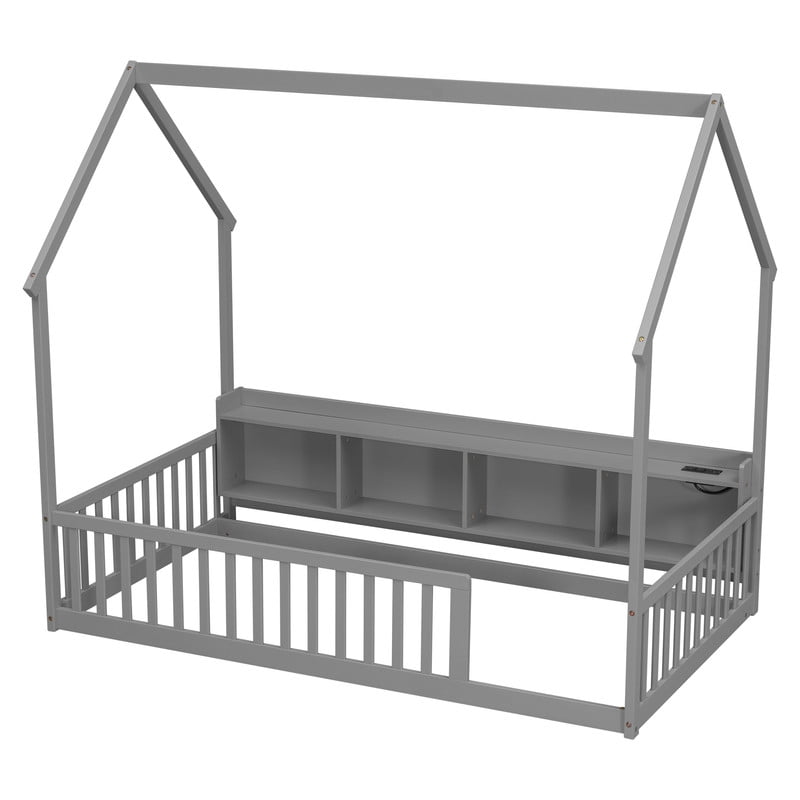 Twin Size House-Shaped Canopy Bed with Roof, Wood Kid's Floor Bed Frame with Storage Shelves, LED Lights & Charging Station