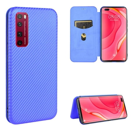 Case for Huawei Nova 7 Pro Leather Folio Flip Case Magnetic Carbon Fiber Card Insertion With Card Holder Kickstand Full Protection