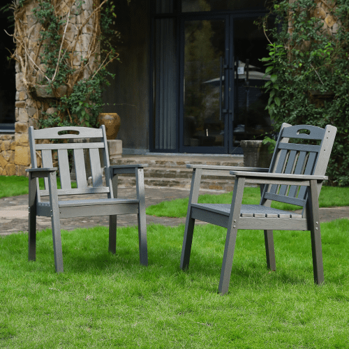 Outdoor Adirondack Dining Chair Set of 2, Weather Resistant Patio Furniture for Garden Deck Backyard, Gray Vertical Backrest