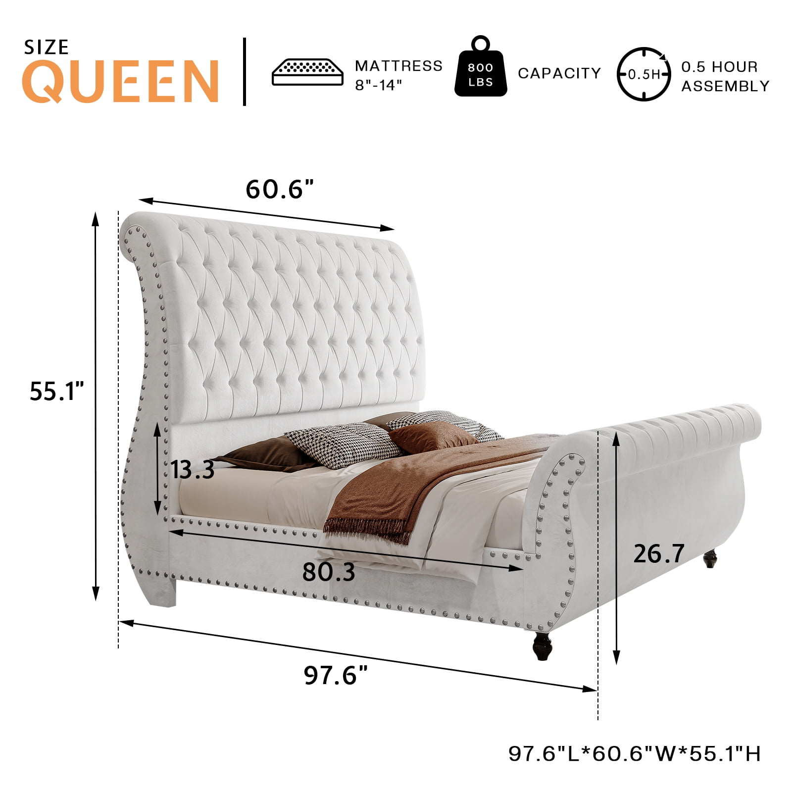 Merluxy Queen Size Bed Frame, Velvet Upholstered Platform Sleigh Bed With Scroll Headboard & Footboard, Button Tufted, No Box Spring Needed,White