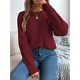 thumbnail image 2 of Womens Crochet Hollow Out Sweater Top Long Sleeve Crew Neck Knit Pullover Fall Casual Winter Shirt Wine Red S, 2 of 7