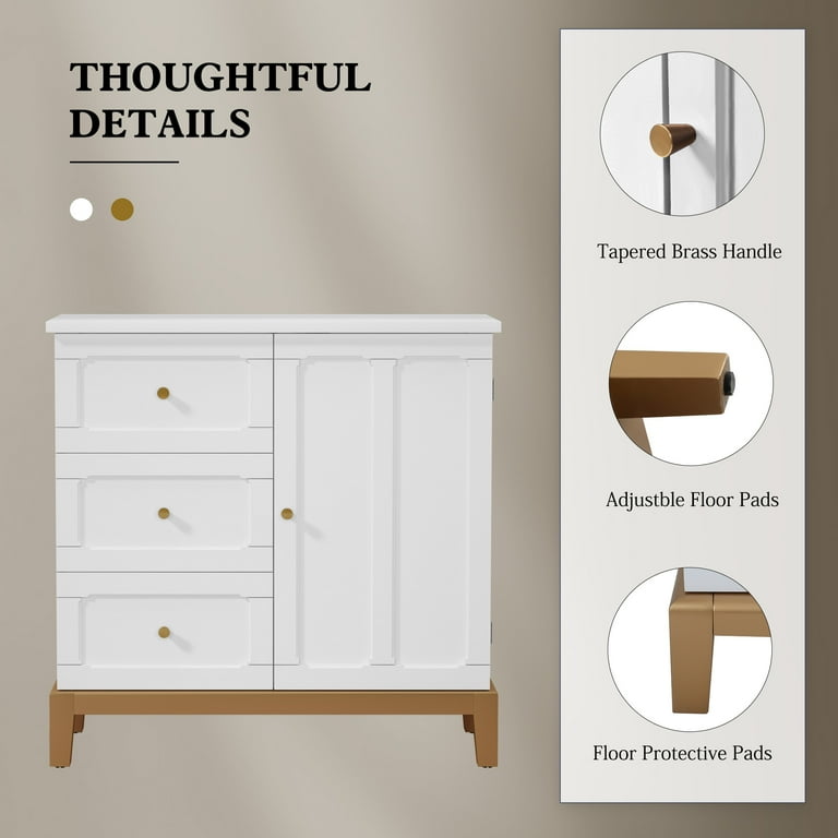 HLR Wood Accent Cabinet, White, 3 Drawers, 1 Door, 34.6
