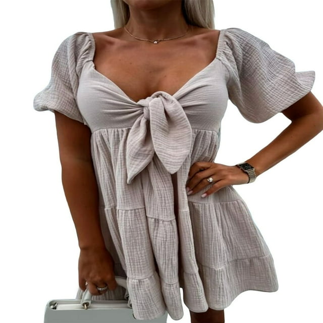 Robe en V-Cou de Couleur Unie pour les Femmes Robe d'Été Décontractée