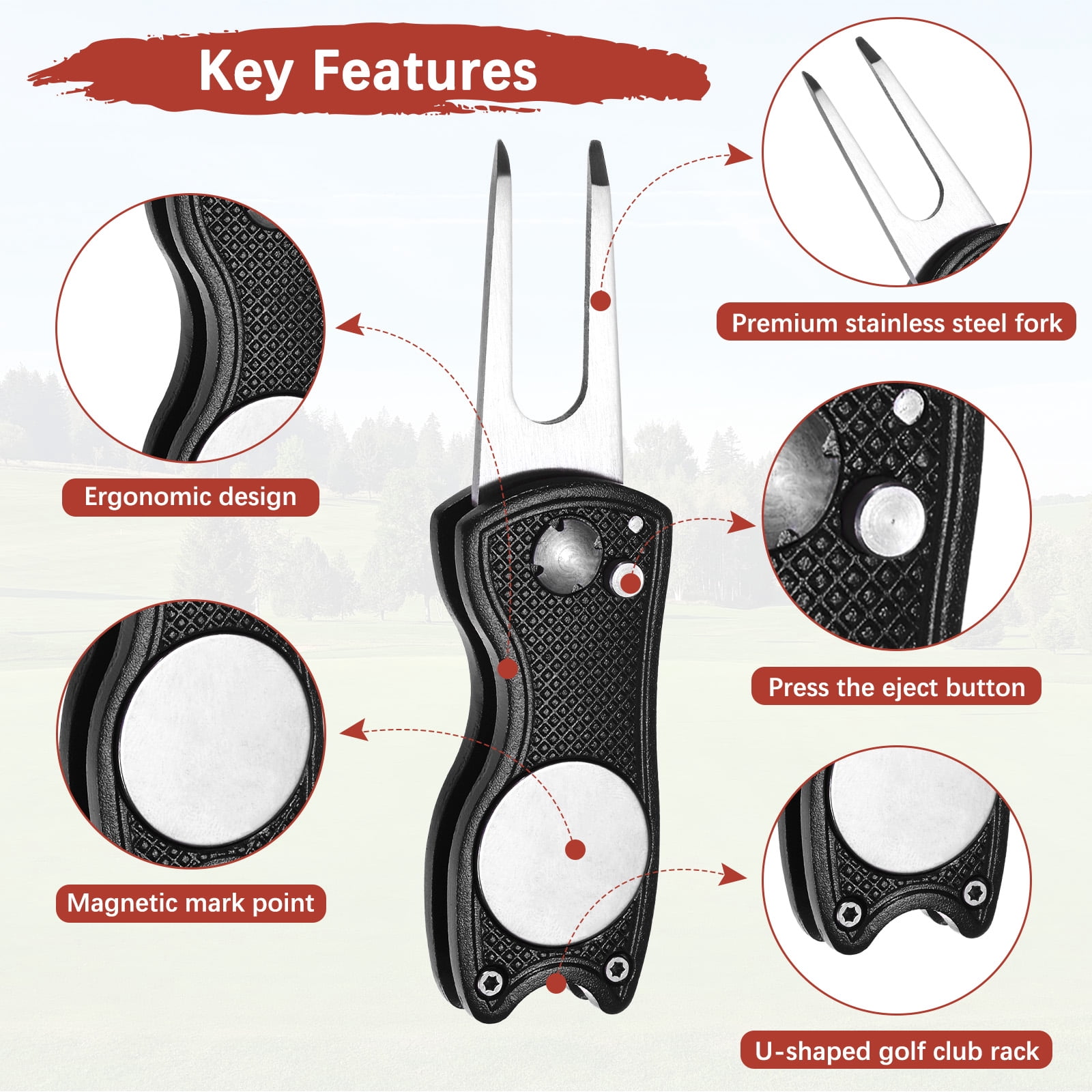 Uxcell Golf Divot Repair Tool [4PCS] - Switch Foldable Divot Tool Rack with Magnetic Ball Marker - [Black] Green Fork Tines