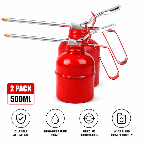 2-Pack 500ml Metal Oil Can with Rigid Spout, High Pressure Manual Pump Oil Can Oiler for Workshop, Garage Machinery & Lubrication