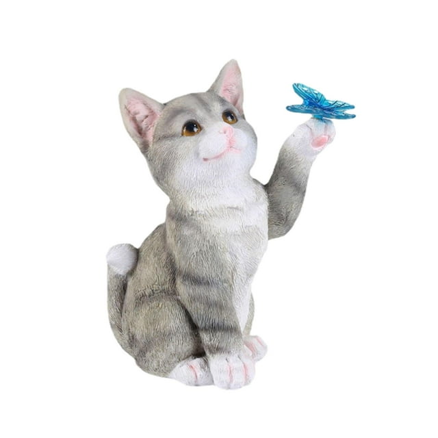 Estatua de gato para jardín, escultura de Animal, mariposa, luz Solar, estatuas para exteriores, figura de gatito para paisaje, decoración de Patio Gris